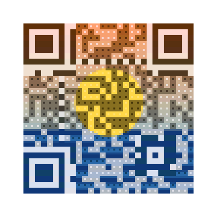 A QR code tiled from a sunset over a striped sea in halftone mode, with fine detail inside each module