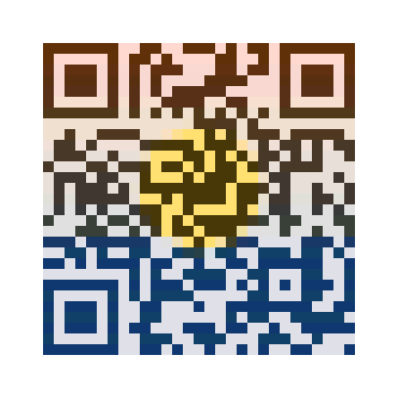 A QR code tiled from a sunset over a striped sea in tiles mode, one color per module